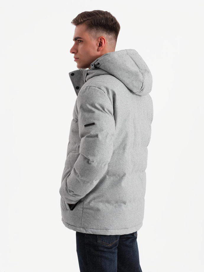 Męska casualowa kurtka puffer z wełną – jasnoszary melanż V3 OM-JAHP-0203