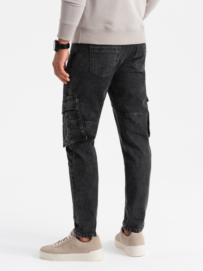 Jeansowe spodnie cargo SLIM FIT z efektem wybielania – czarne V2 OM-PADP-0176
