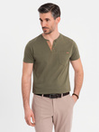 Men's T-shirt with button neckline and suede trim - dark olive V5 OM-TSCT-0206
