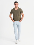 Men's BASIC classic cotton T-shirt with a serape neckline - dark olive V6 OM-TSBS-0237