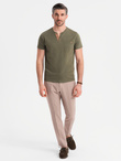 Men's T-shirt with button neckline and suede trim - dark olive V5 OM-TSCT-0206