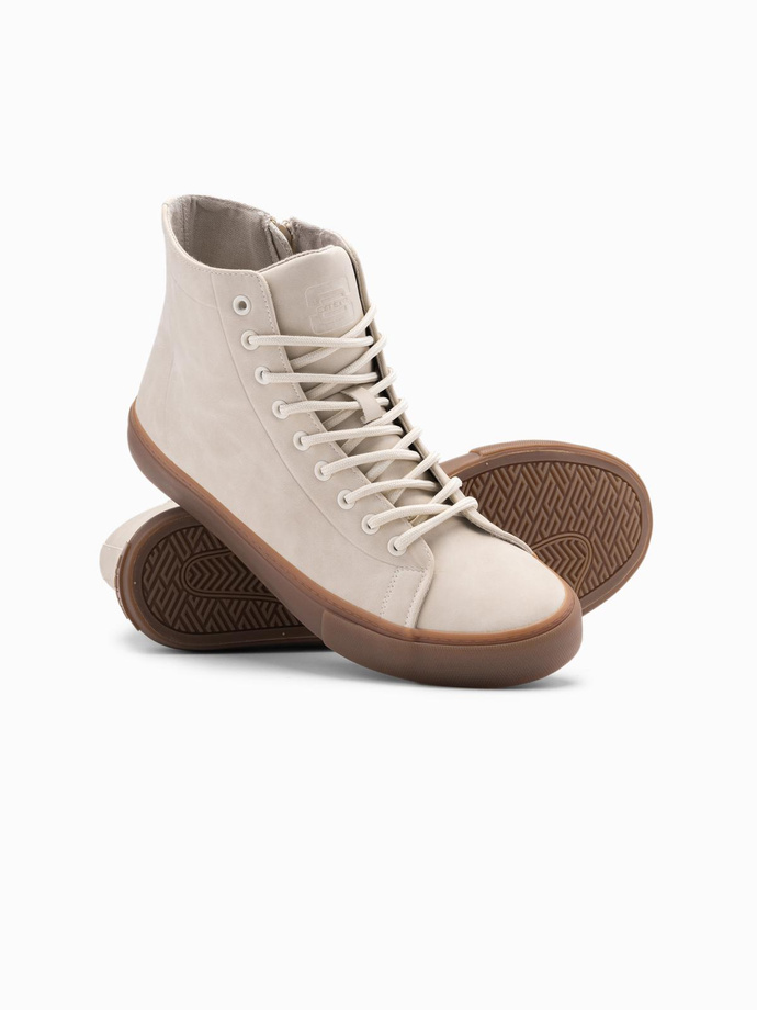 Buty męskie trampki za kostkę z gumową podeszwą – kremowe V1 OM-FOTH-0187 