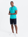 Men's henley t-shirt with decorative ribbing - turquoise V7 OM-TSCT-0175
