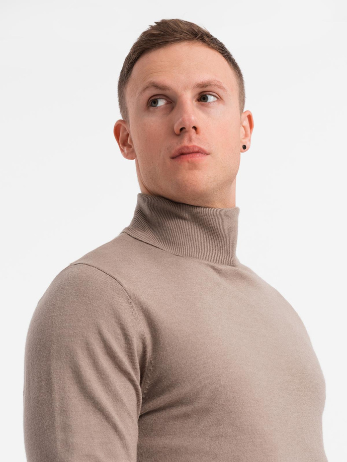 Men's knitted turtleneck with viscose - dark beige V3 OM-SWTN-0127 