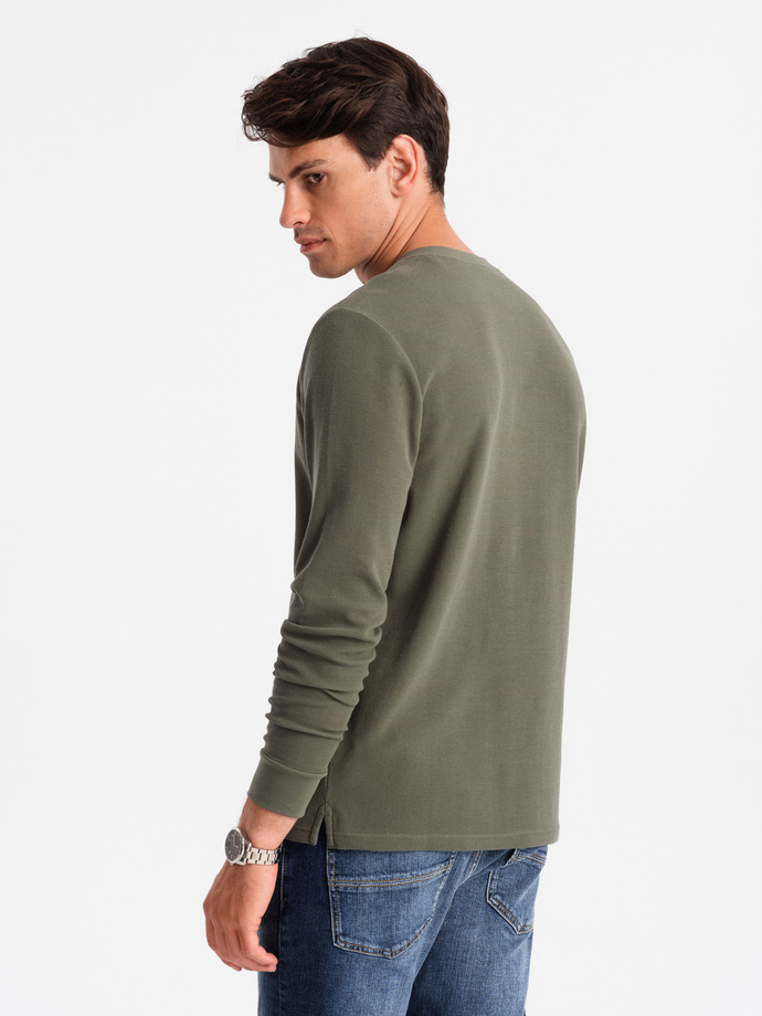 Zapinany pod szyją męski longsleeve z dzianiny waflowej – oliwkowy V1 OM-LSCL-0120