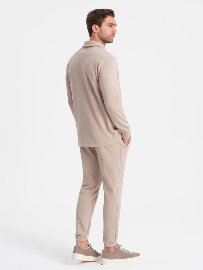 Komplet męski dresowy bluza z kołnierzem polo + spodnie - beżowy V2 Z71