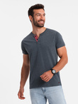 Men's T-shirt with unbuttoned round henley neckline - navy blue V5 OM-TSCT-0155