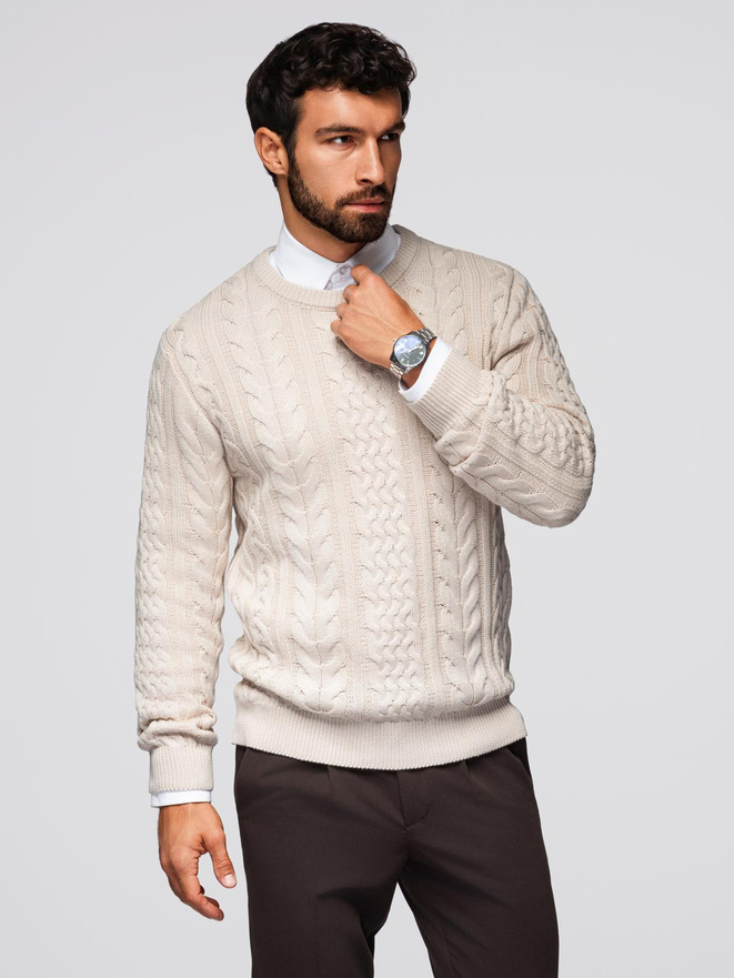 Elegancki sweter męski z ciekawym splotem – ecru V1 OM-SWSW-0173