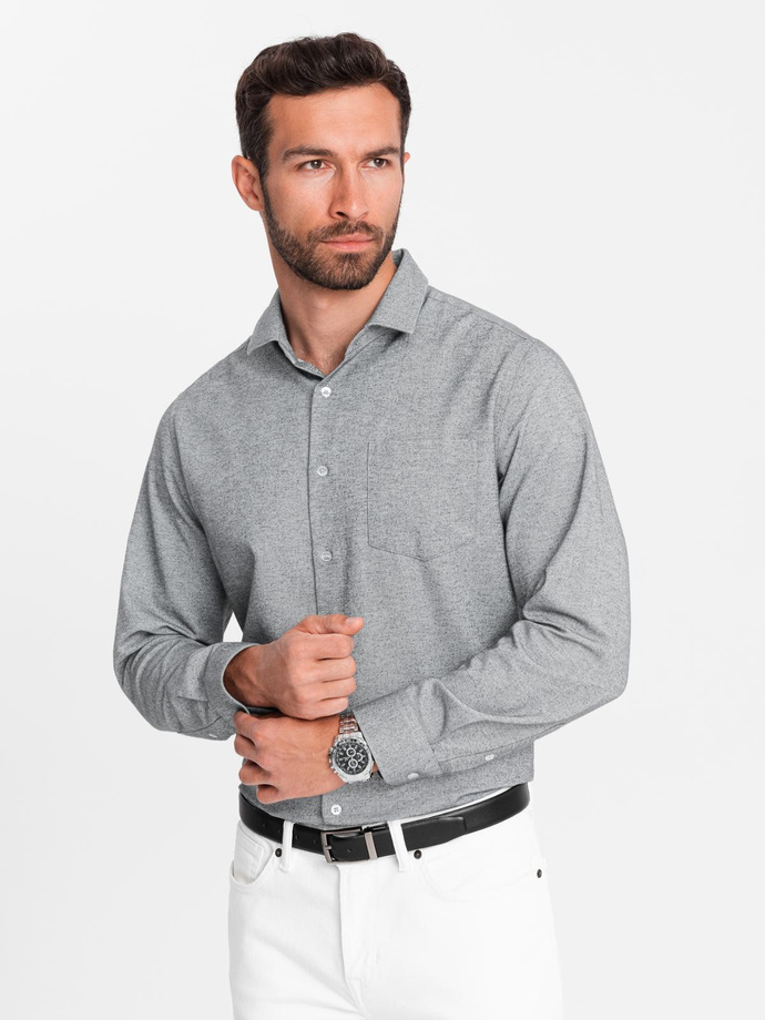 Koszula męska z kieszenią REGULAR FIT - szary melanż V3 OM-SHCS-0148