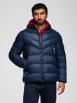 Modern men's quilted jacket of combined materials - navy blue V2 OM-JAHP-0303