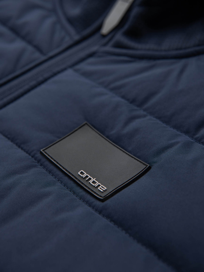 Men's lightweight jacket of combined materials with hood and decorative quilting - navy blue V4 OM-JANP-0160