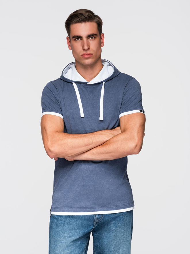 Men's hooded cotton t-shirt - dark blue melange V12 OM-TSCT-0256