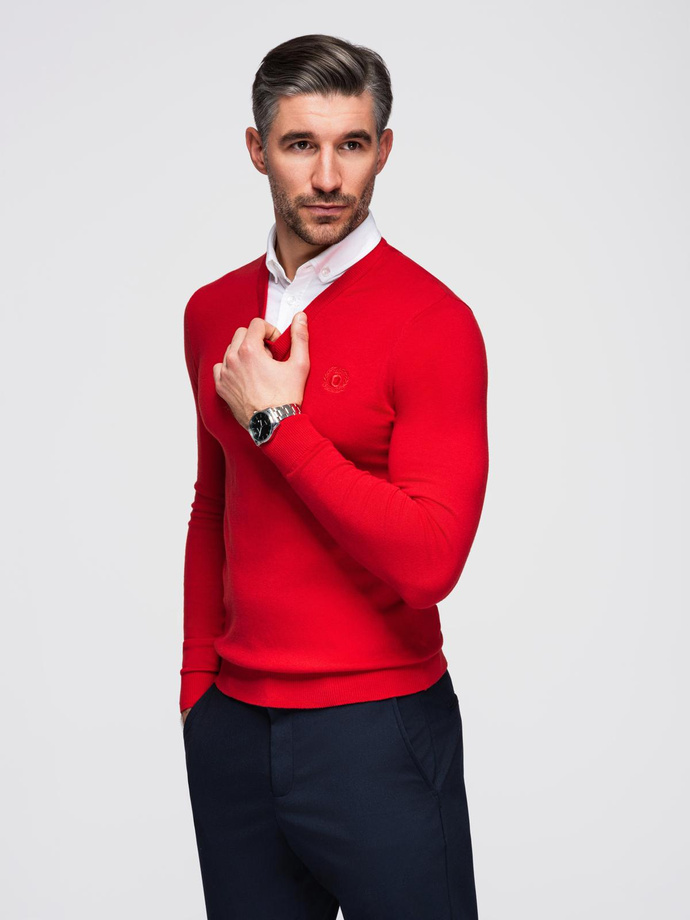 Men's sweater with a "v-neck" neckline with a shirt collar - red V4 OM-SWSW-0102