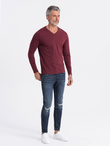 Męski longsleeve bez nadruku z dekoltem w serek - bordowy V8 OM-LSBL-0108