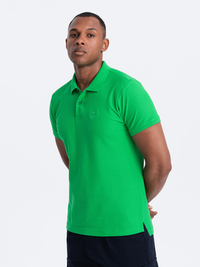 Męska koszulka polo jednokolorowa BASIC z dzianiny pique - neonowa zieleń V25 OM-POBS-0100