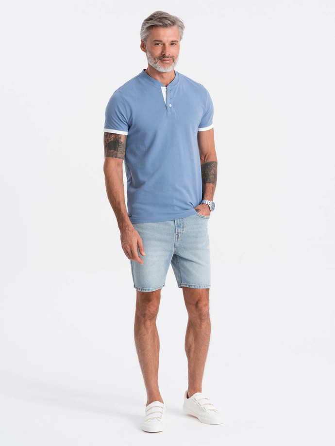 T-shirt męski polo bez kołnierzyka - niebieski V3 S1381