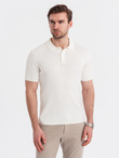 Męska koszulka polo z wiskozą SLIM FIT w pionowy prążek – złamana biel V3 OM-POSS-0143