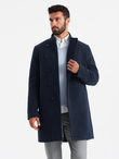 Men's coat with asymmetrical fastening and high collar - navy blue V3 OM-COWC-0120