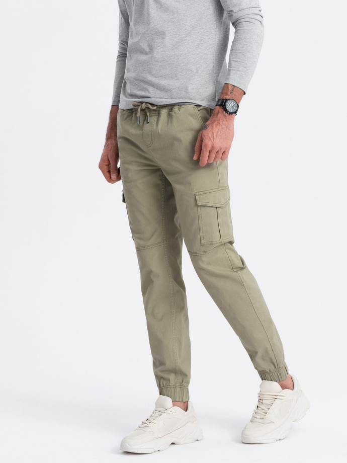 Spodnie męskie JOGGERY z zapinanymi kieszeniami cargo - khaki V1 OM-PAJO-0123