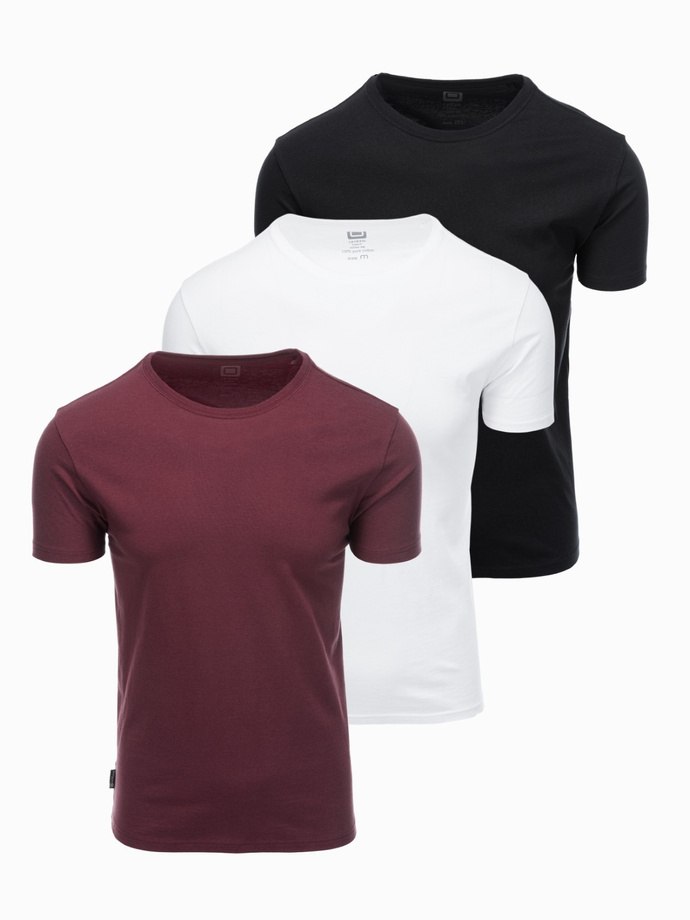 Zestaw bawełnianych t-shirtów męskich BASIC z okrągłym dekoltem – czarny/biały/bordowy V6 OM-TSBS-0232