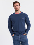 Men's cotton longsleeve with striped U neckline and embroidery - dark blue V3 OM-LSCL-0128