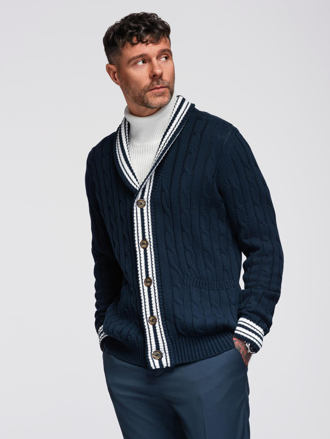 Knitted monochrome men's viscose cardigan - navy blue V1 OM-SWCD-0126