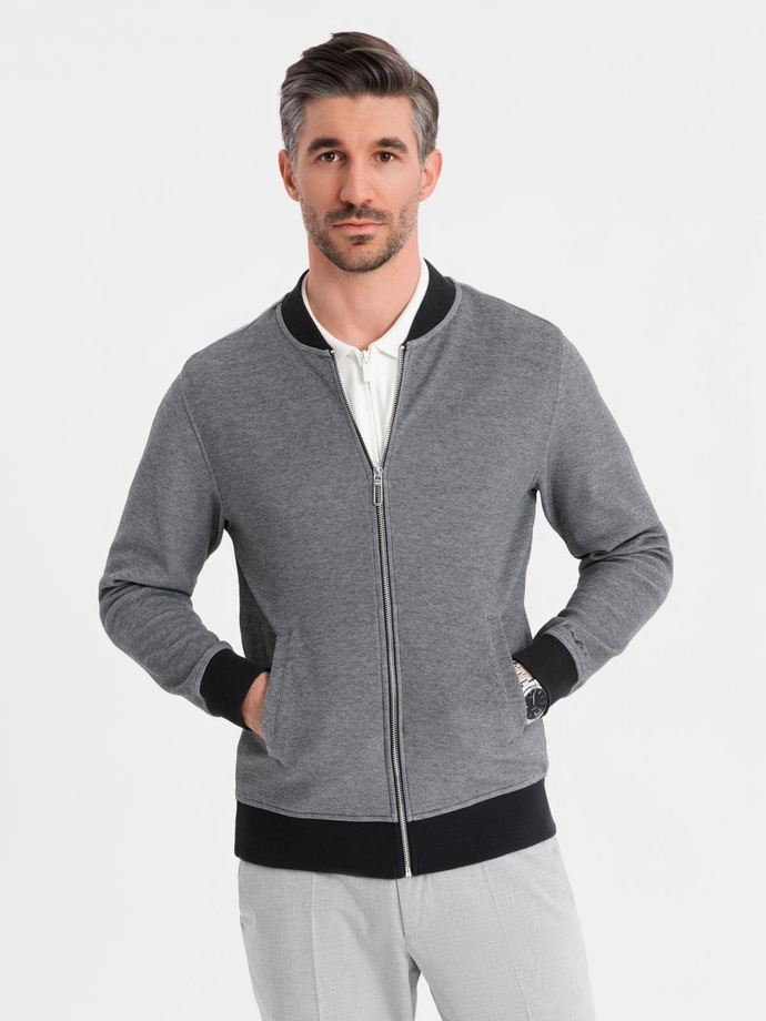 Men's pique knit bomber jacket - black V1 OM-SSZP-0238