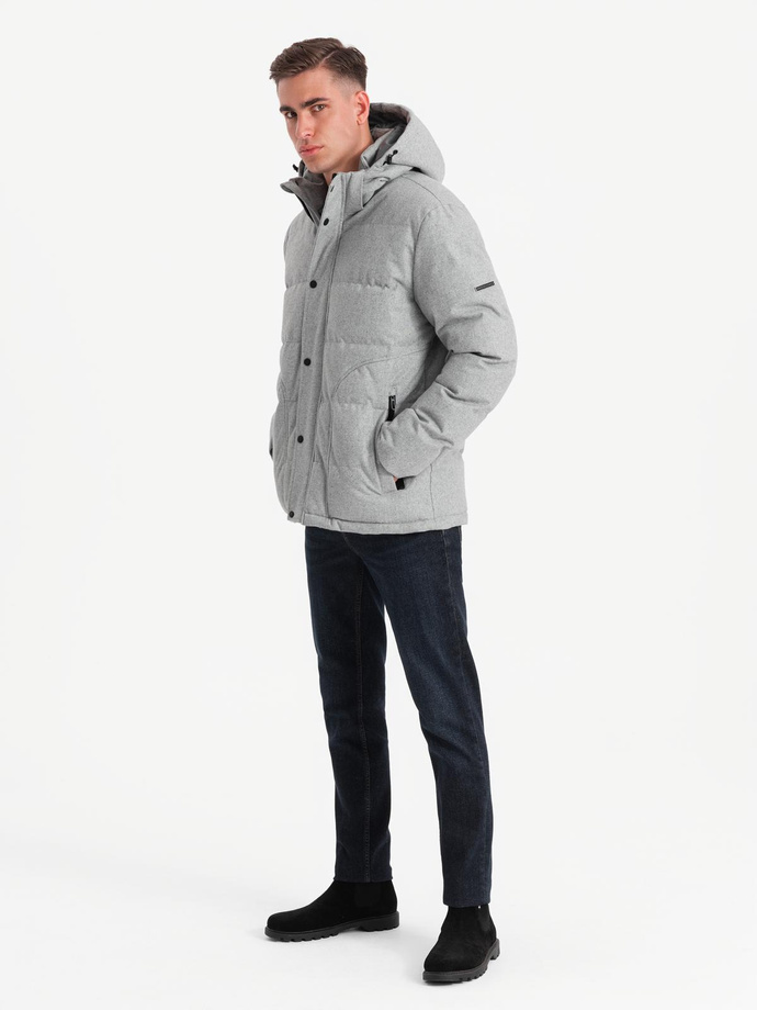 Męska casualowa kurtka puffer z wełną – jasnoszary melanż V3 OM-JAHP-0203