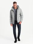 Męska casualowa kurtka puffer z wełną – jasnoszary melanż V3 OM-JAHP-0203