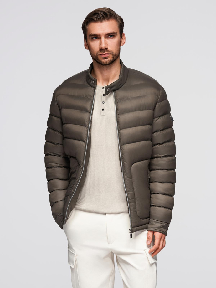 Men's imitation leather jacket with ribbed hem - dark brown V1 OM-JAFL-0109