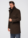 Men's double-breasted coat with decorative buttons - dark brown V3 OM-COWC-0137