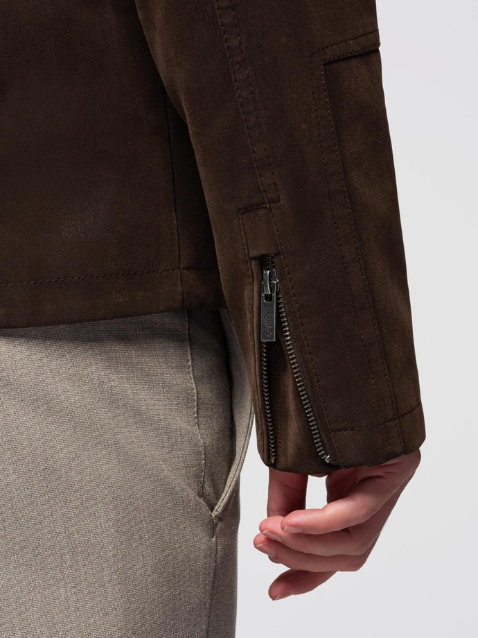 Men's retro biker jacket with stand-up collar - brown V1 OM-JAFL-0197