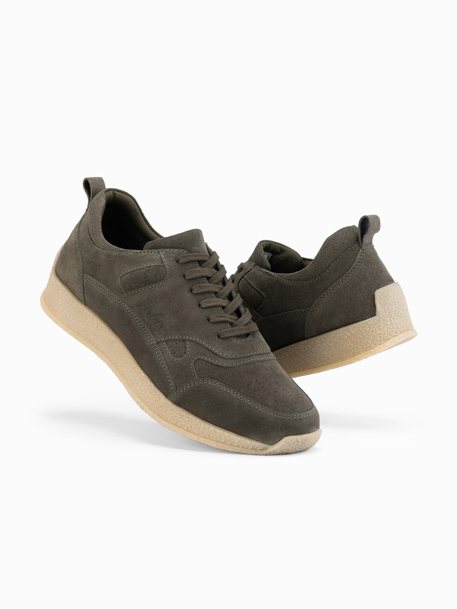 Lekkie zamszowe męskie sneakersy w stylu sportowym – oliwkowe V1 OM-FOSL-0205