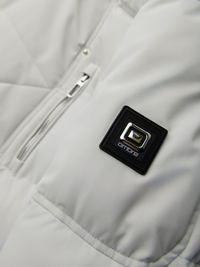 Men's quilted jacket with hooded ramonesque cut - light grey V4 OM-JAHP-0252