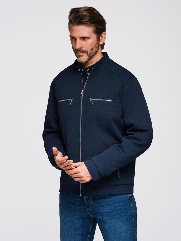 Men's biker jacket with collar and pockets - navy blue V1 OM-JALP-0157