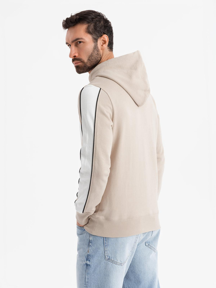 Men's cotton hoodie with contrasting elements - beige V2 OM-SSNZ-0225