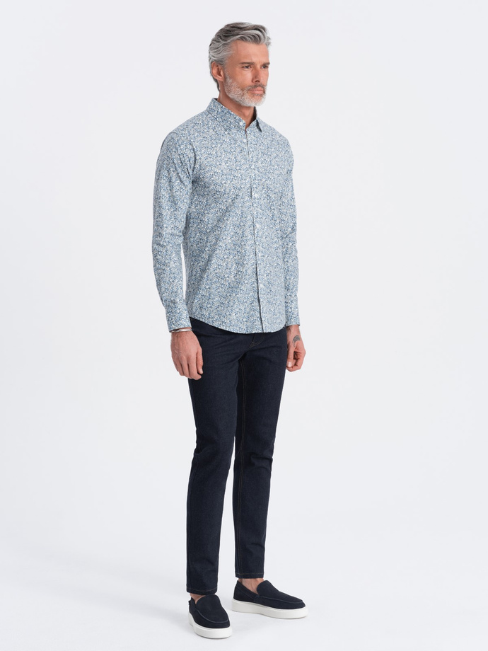 Koszula męska SLIM FIT w print drobnych liści - jasnoniebieska V1 OM-SHPS-0163