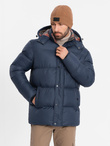 Kurtka męska puffer z podszewką w kratę – granatowa V1 OM-JAHP-0205