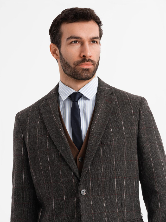 Męska elegancka marynarka w kratkę z domieszką wełny – ciemnobrązowa V3 OM-BLZB-0137