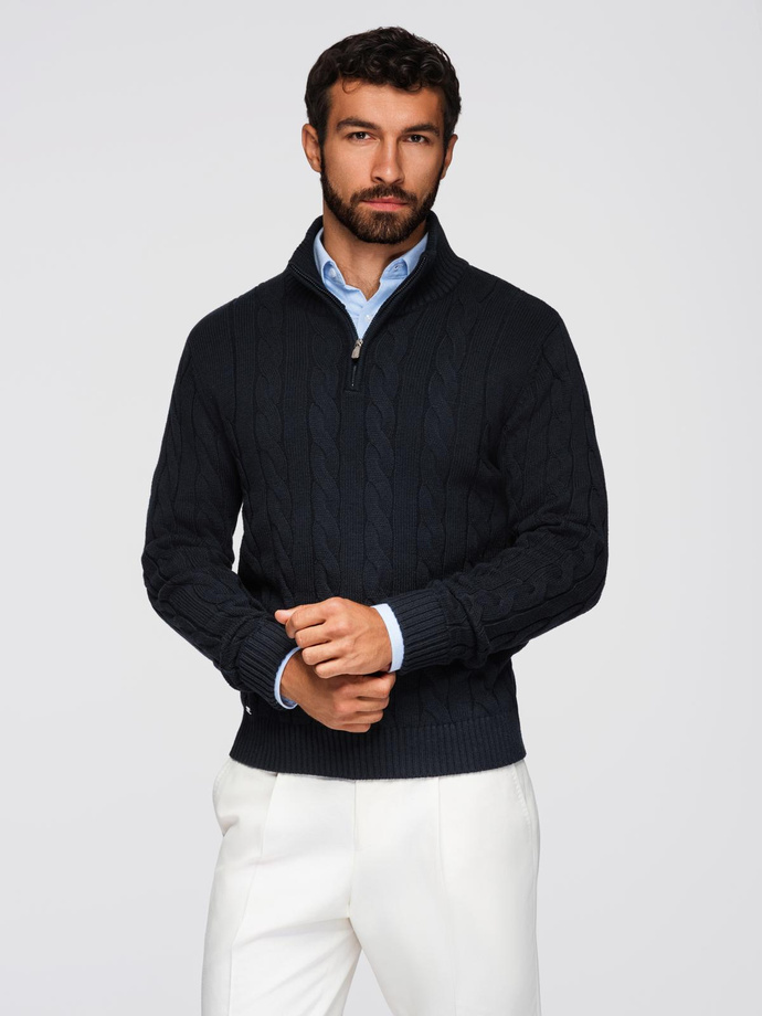 Knitted monochrome men's viscose cardigan - navy blue V1 OM-SWCD-0126