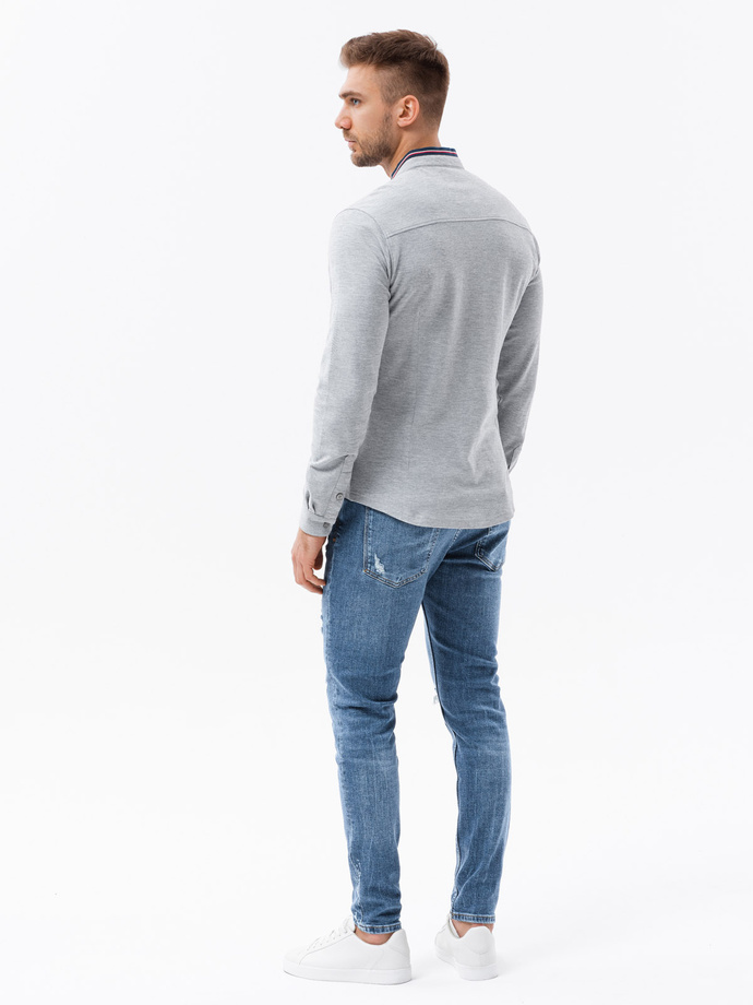 Bawełniana męska koszula SLIM FIT ze stójką w kolorowe paski – szara V5 OM-SHCS-0178 