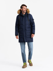 Men's long warm parka hooded jacket - navy blue V1 OM-JALJ-0182