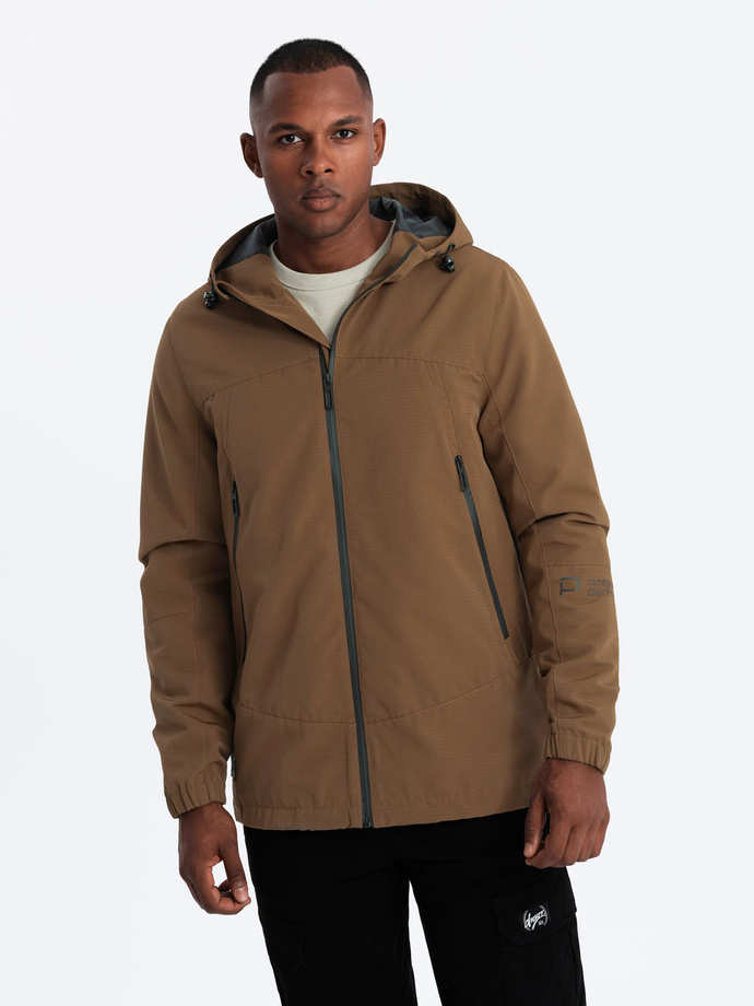 Men's lightweight storm jacket with hood - brown V2 OM-JANP-0191