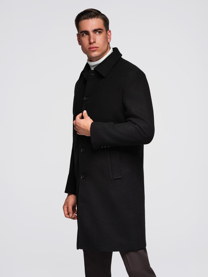 Men's long single-breasted coat with collar and undercoat - black V1 OM-COWC-0135
