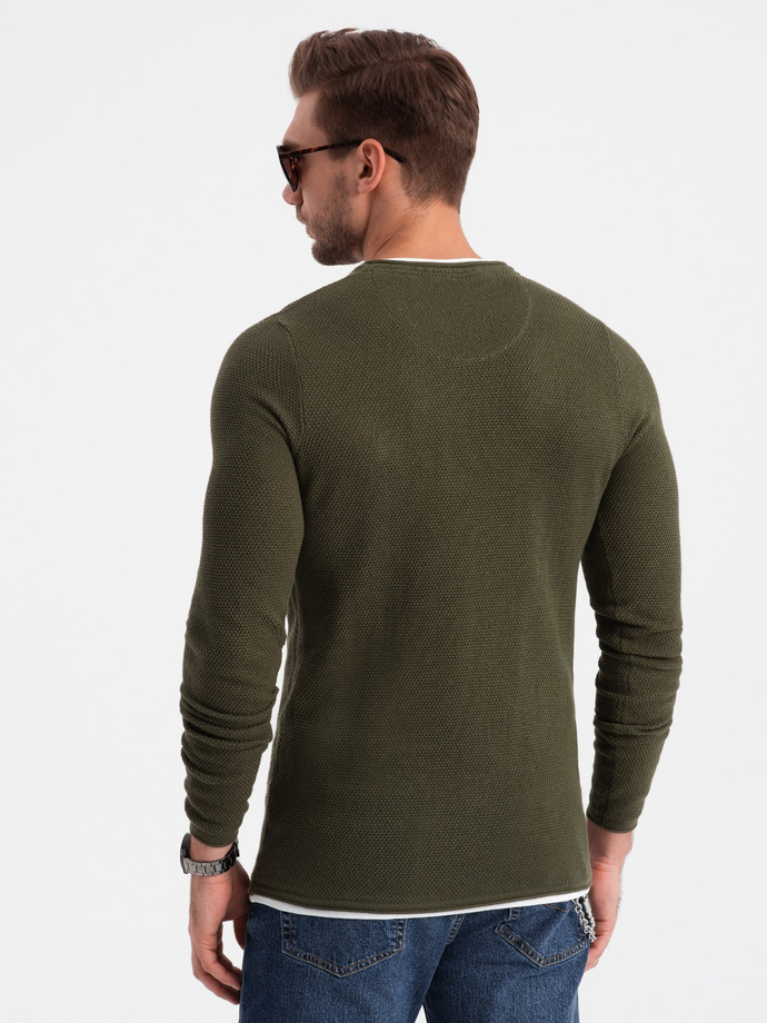 Men's cotton sweater with round neckline - dark olive V7 OM-SWSW-0103