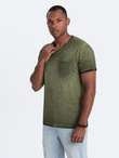 Męski t-shirt V-neck o pręgowanej strukturze z kieszonką – oliwkowy V9 OM-TSCT-22SS-002
