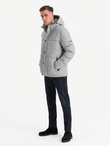Męska casualowa kurtka puffer z wełną – jasnoszary melanż V3 OM-JAHP-0203