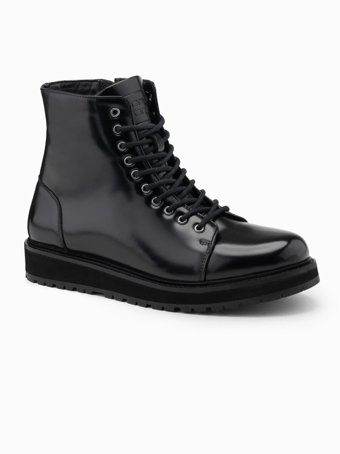 Męskie buty z wysoką cholewką z błyszczącej ekoskóry – czarne V1 OM-FOBO-0175