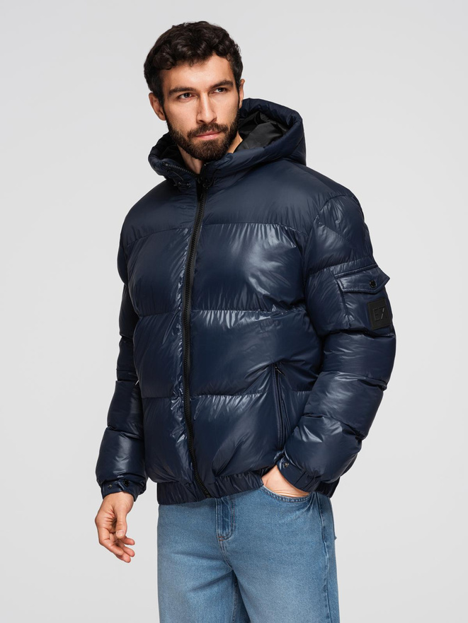 Warm men's puffer jacket with welts - navy blue V2 OM-JAHP-0207