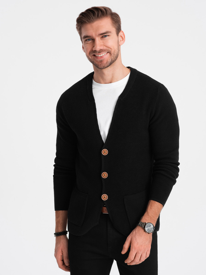 Men's structured cardigan sweater with pockets - black V1 OM-SWCD-0109